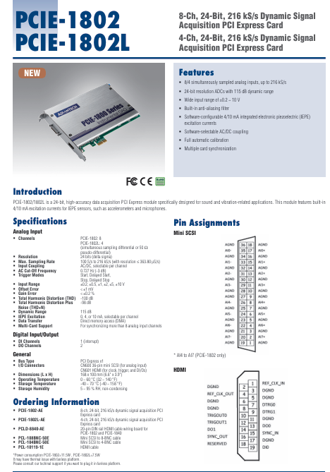 PCIE-1802 用于声音和振动的216 kS/s、24位、8/4通道 PCIE卡